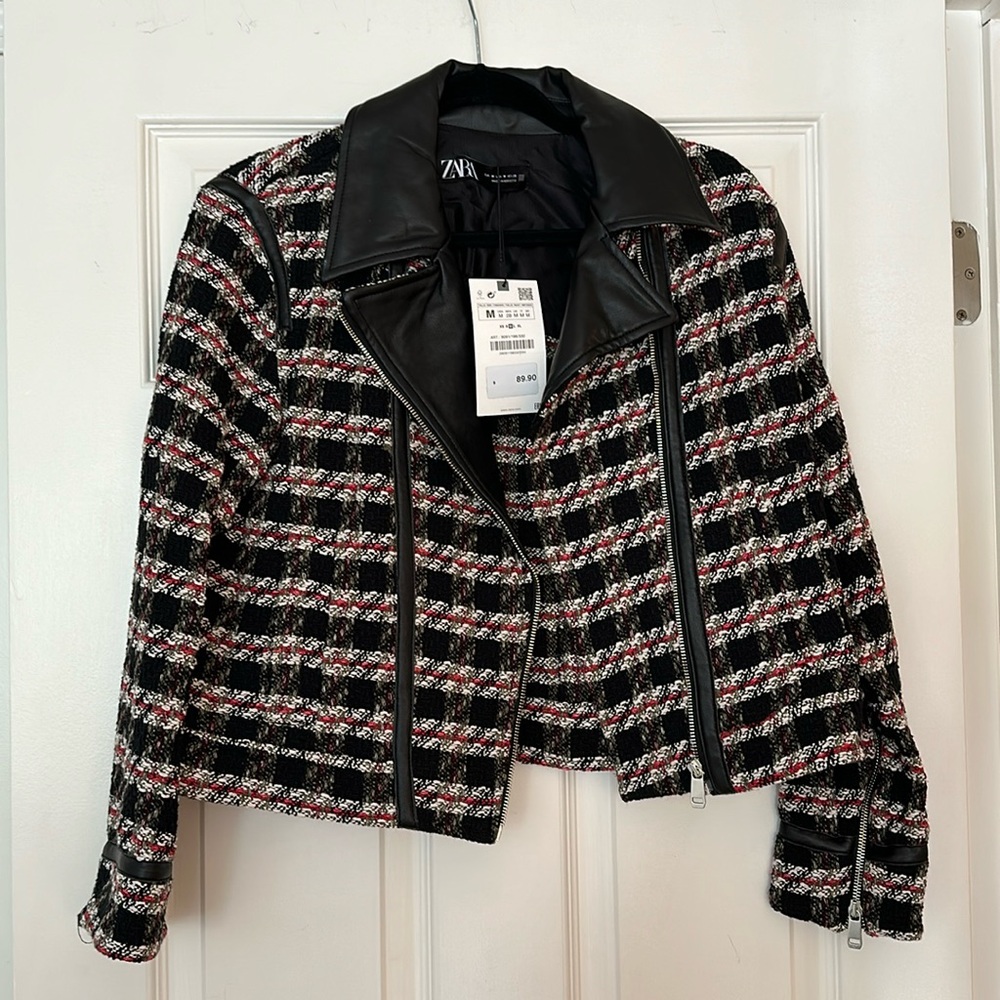Zara Black, White & Red Tweed Moto Jacket with Faux Leather Collar